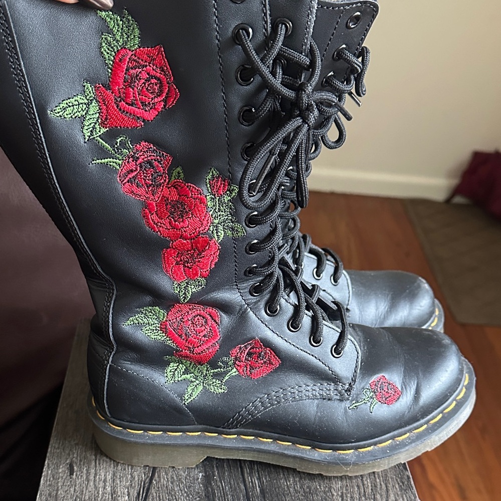 Dr. Martens Black Boots with Red Floral Embroidery